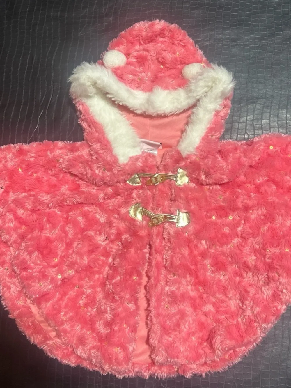 Little Lass Coral Pink Faux-Fur Hooded Cape with Gold Toggles